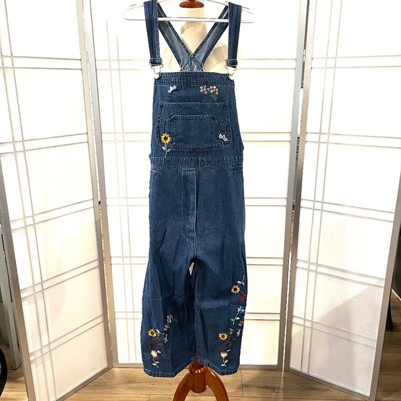 Vintage AGAPO Embroidered Denim Crop Overalls - Size L - Picture 1 of 8